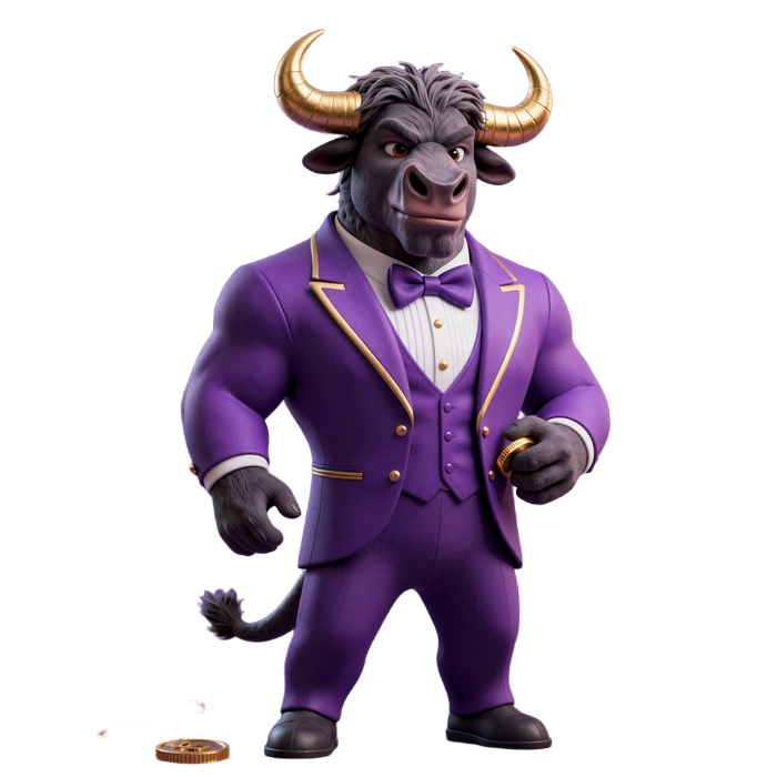 Bizzo Casino Bison Maskottchen im goldenen Smoking mit M&uuml;nzen als Willkommensbonus Symbol